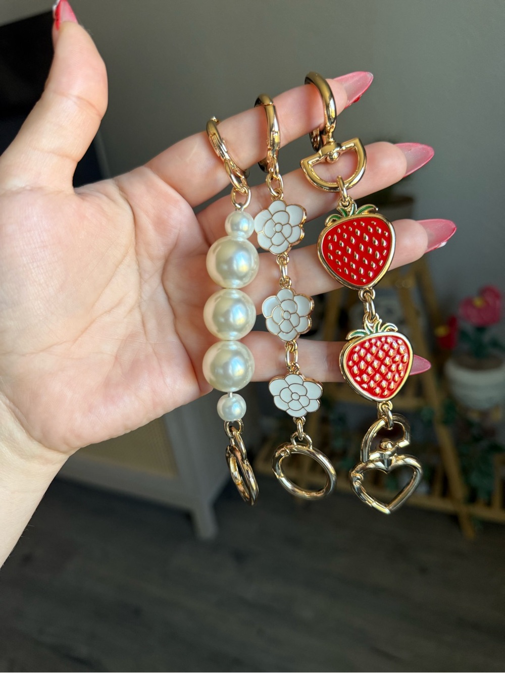 Gold purse strap extender Set with Pearls, White Flowers & Red Strawberry Charms